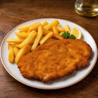 Filete empanado de pollo con patatas