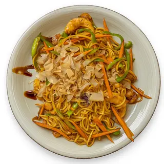 Yakisoba pollo o langostinos