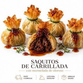 Saquitos de Carrillada con mermelada de oloroso.