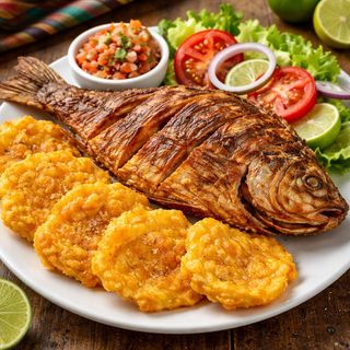 Tilapia frita con patacones arroz y ensalada