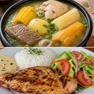 Sancocho colombiano y pollo a la plancha