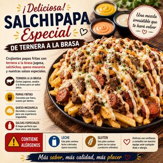 Salchipapa.con ternera asada