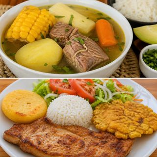 Sopa.de. ternera y chuleta de cerdo a la plancha