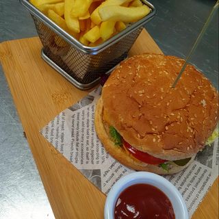 Chicken Club Burger with chips