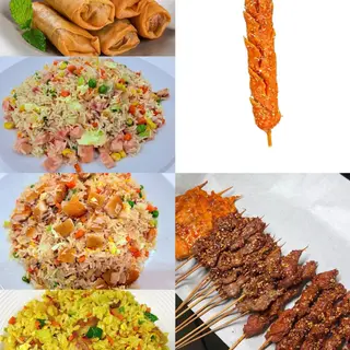 Menú Súper Combo Street Food-Arroz,Rollitos y Brochetas炸串套餐