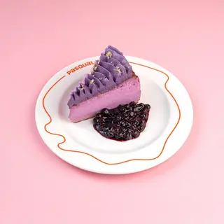 BASQUE CHEESECAKE WITH UBE AND BLUEBERRIES