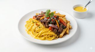 Tallarines A La Huancaína Con Lomo Saltado