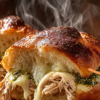 Brioche con pesto ,queso y pechuga de pillo