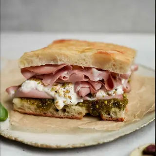 Focaccia Mortadella Pesto Burrata