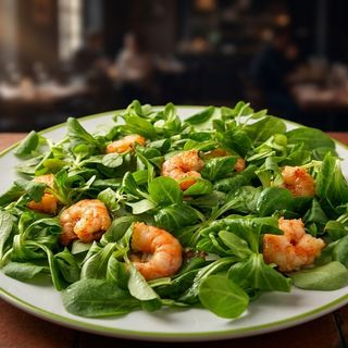 Canónigos napados con langostinos y mahonesa de hongos