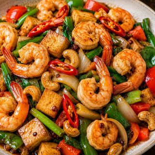 Salteado Tailandés con Anacardos y Langostino