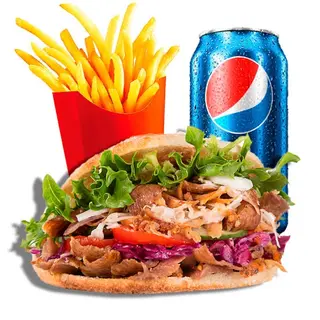 Menu pita kebab con patata fritas y bebida