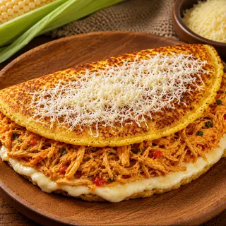 Cachapa con queso de mano + queso llanero y pollo desmechado .