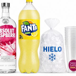Absoult Raspberry 70cl+Fanta Limon 2L+Hielo +Pack Vaso De Plástico 300cc