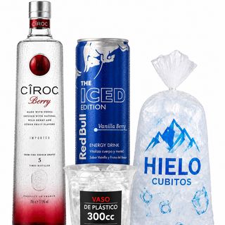 Ciroc Berry +4xRedBull Iced Vanilla Berry+Hielo+Pack De Vaso Plastico