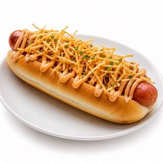 Hotdog de frankfurt con salsa sriracha mayonesa y patata extrafino crujiente