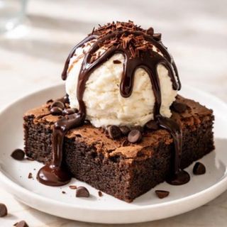 Brownie con bola de helado de vainilla