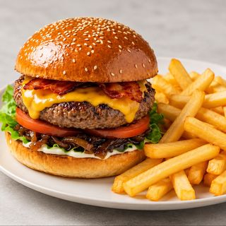 Hamburguesa GOURMET Amaranta A LA BRASA con patatas fritas