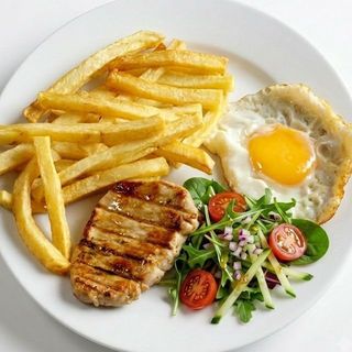 LOMO CON HUEVO , PATATAS FRITAS Y ENSALADA