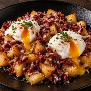 Huevos Rotos De Corral Con Tacos De Jamón Ibérico De Bellota