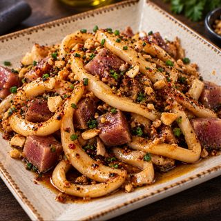 Tallarines de calamar con taquitos de Atún