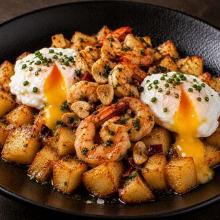 Huevos rotos con gambas al ajillo