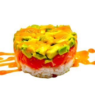 Tartar Cake de Salmon ,Arroz Blanco,Salsa de Mango