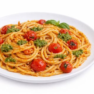 მაკარონი ჩერი პომიდორით და პესტოთი