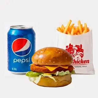 Crispy Burger with Fries and Pepsi