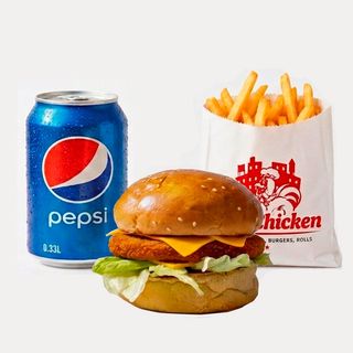 Crispy Burger with Fries and Pepsi