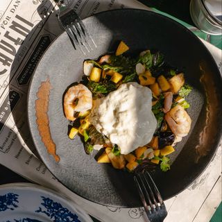 Crispy Egplant Salad with Peach & Shrimp