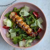 Crispy tilapia salad with teriyaki sauce