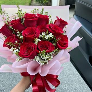 10 ცალი წითელი ვარდი გიფსოფილებით