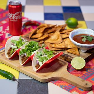 Tacos with Red Salsa Chips & 1 Free Drink