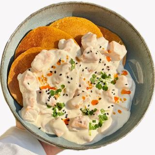 Lentil pancakes with salmon