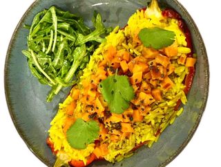 Ramiro pepper with rice and teriyaki