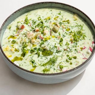 Okroshka-verde with smoked chicken