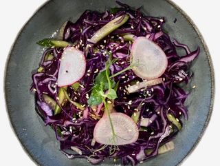 Red cabbage salad with cucumber and Kakhetian oil