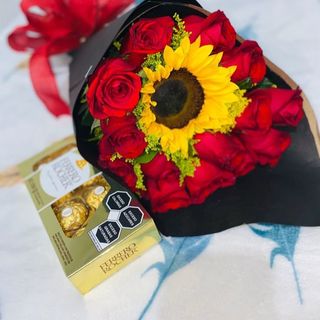 წითელი ვარდი მზესუმზირა და როშენის შოკოლადი