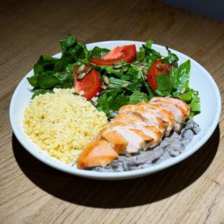 Chicken breast with mushroom sauce and ptitim