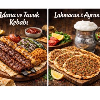 2 adana kebap,1 Tavuk şiş ,3 lahmacun+airan