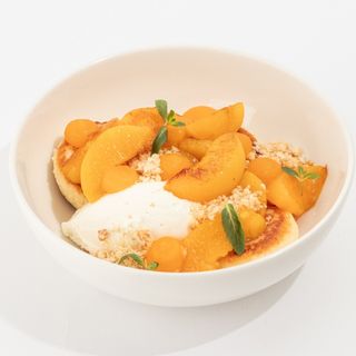 COTTAGE CHEESE PANCAKES: PEACHES, MANGO, CREAM CHEESE