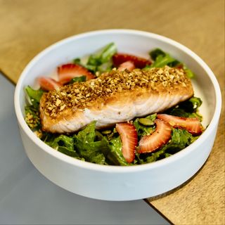 Summer Salmon Salad with Ripe Strawberries and Pesto