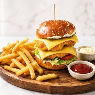 Double chicken burger with French fries