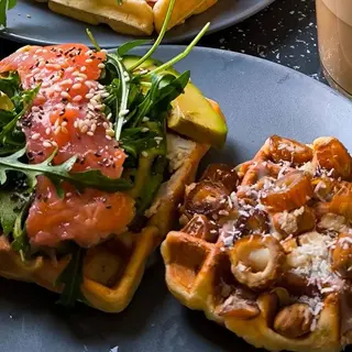 Belgian waffles with salmon and FETA