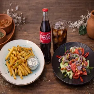 Georgian Salad with caramelized nuts, Parmesan Truffle Fries and Coca-Cola
