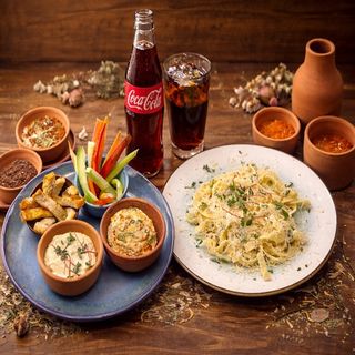 Feta Harissa Cream & Hummus Dipper , Truffle Tagliatelle with Walnuts and Coca- Cola