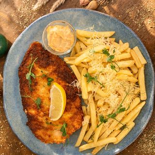 Chicken Schnitzel with Parmesan Fries and Adjika Sauce
