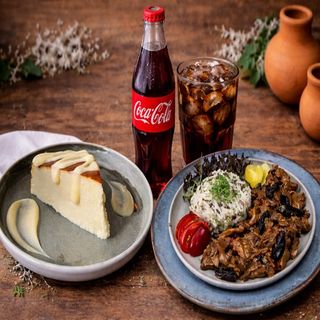 Beef Rendang with Rice, San Sebastian Cheesecake and Coca-Cola