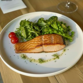 Black Sea Salmon Steak with Broccoli and Peas